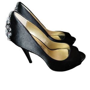 Badgley Mischka Mark James Black Satin Open Toe Jewels Heels Size 9.5